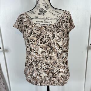 Liz Claiborne Tan white and brown paisley patterned cap sleeve blouse